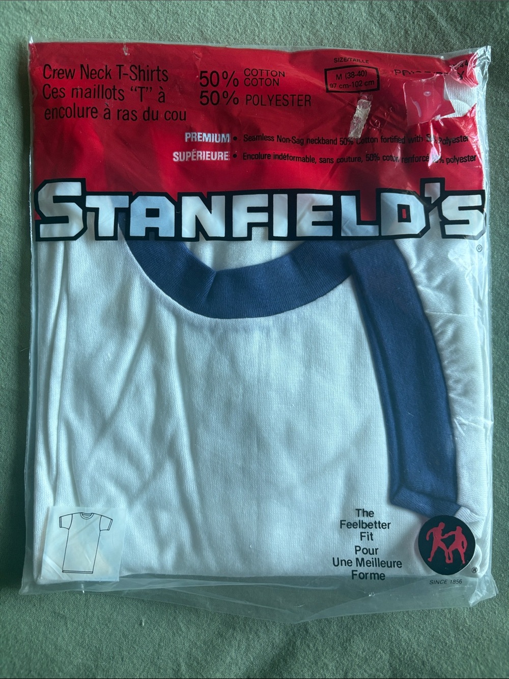 Vintage Stanfield's White ringer T-Shirt with Navy Trim - Crew Neck